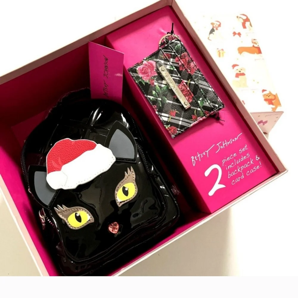 Betsey Johnson Black Patent Leather Cat Santa Hat Backpack & Card Case Set